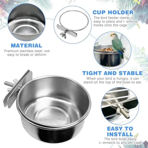 Tfwadmx Bird Feeding Dish Cups Parrot Food Bowl Clamp Holder Coop Cup 2PCS | Stainless Steel Water & Food Bowls for Cage thumbnail 3