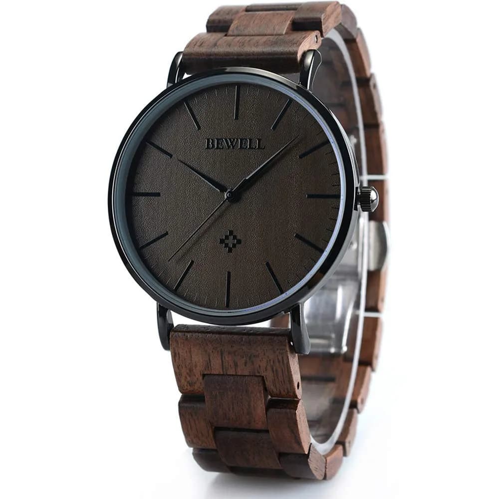 BEWELL Wooden Watches for Men Women Slim Analog Quartz Minimalist Couple Wrist Watch (Mens-Black) | Eco-Friendly & Stylish — Mens-Black