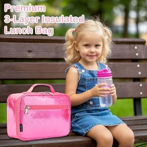 FlowFly Kids Lunch Box Insulated Soft Bag Pink | 5.8L (195ml) Thermal Meal Tote Kit for Girls & Boys thumbnail 5