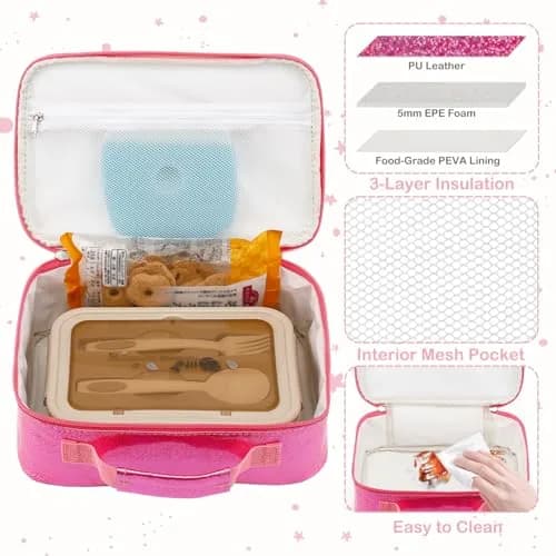 FlowFly Kids Lunch Box Insulated Soft Bag Pink | 5.8L (195ml) Thermal Meal Tote Kit for Girls & Boys thumbnail 3
