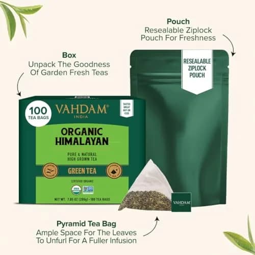 VAHDAM Organic Himalayan Green Tea 100 Count Pyramid Tea Bags | USDA Organic & Plant-Based thumbnail 4