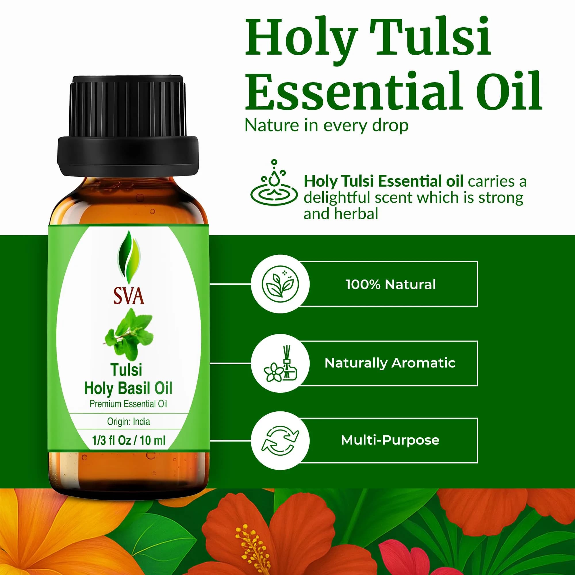 SVA ORGANICS Holy Tulsi Essential Oil 10 ml (0.33 Fl Oz) | Pure, Herbal Aroma for Diffusers & Skin - view 2