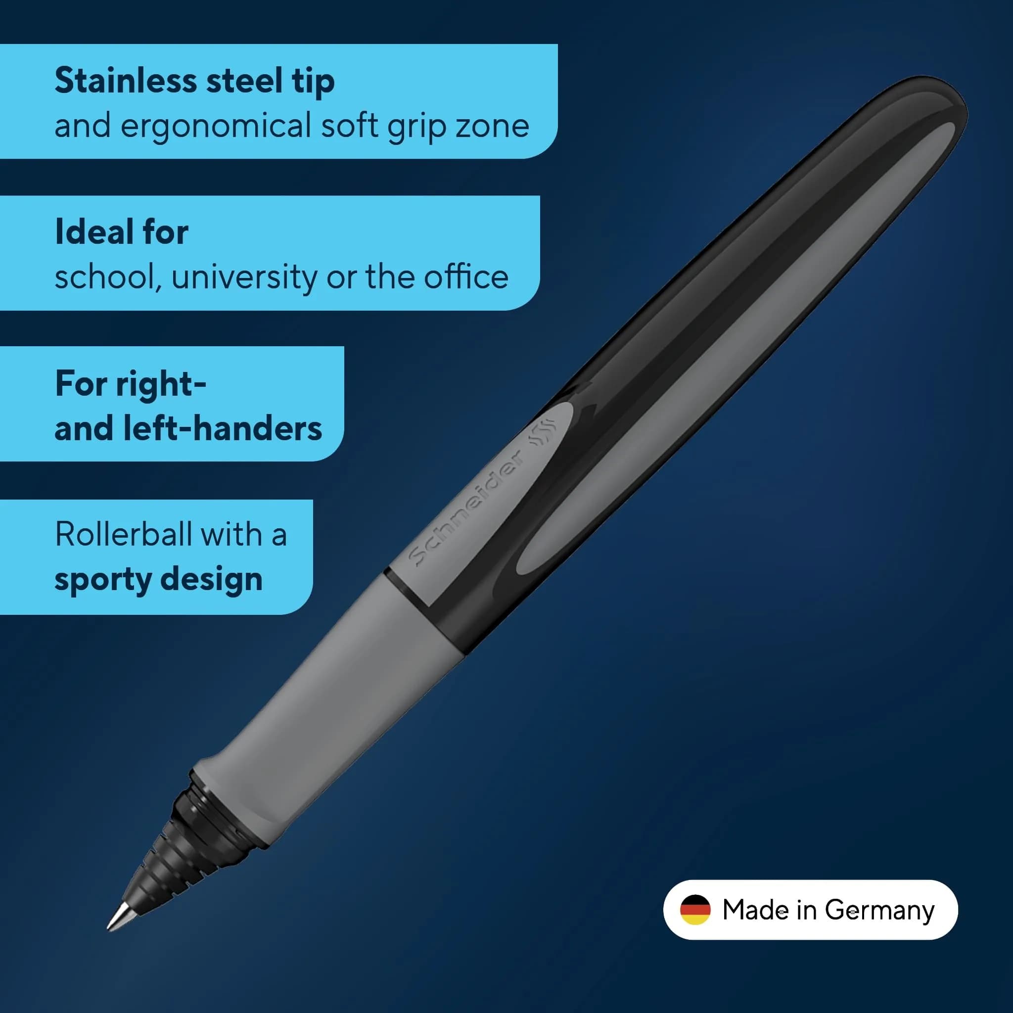 Schneider Ray Cartridge Rollerball Pen M (Medium), Refillable, Onyx Barrel, Royal Blue Erasable Ink | Smooth Ink Flow - view 2