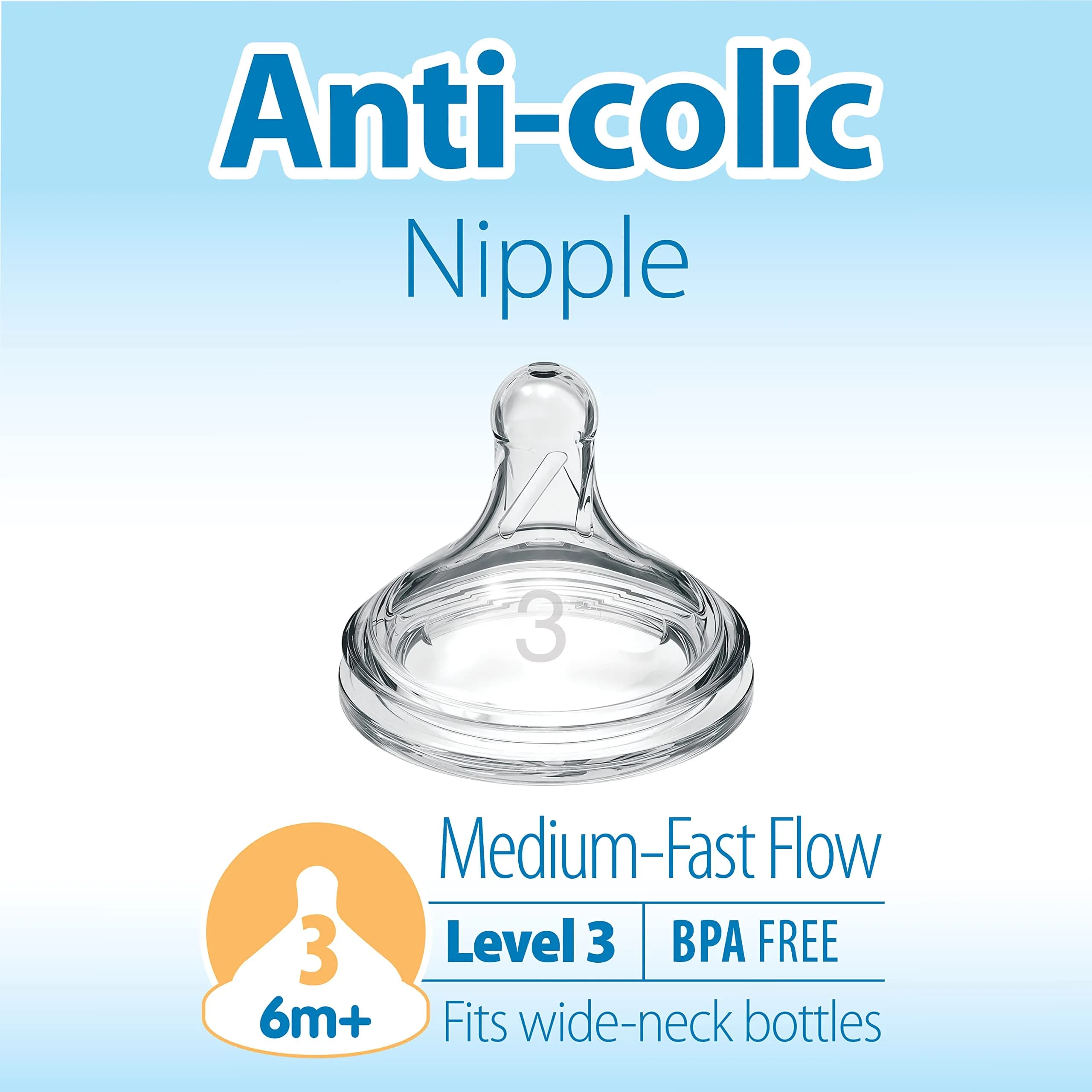 Dr. Brown's Wide-Neck Level 3 Nipple 6m+ 6-Pack | Medium-Fast Flow Silicone for Natural Latch - view 2