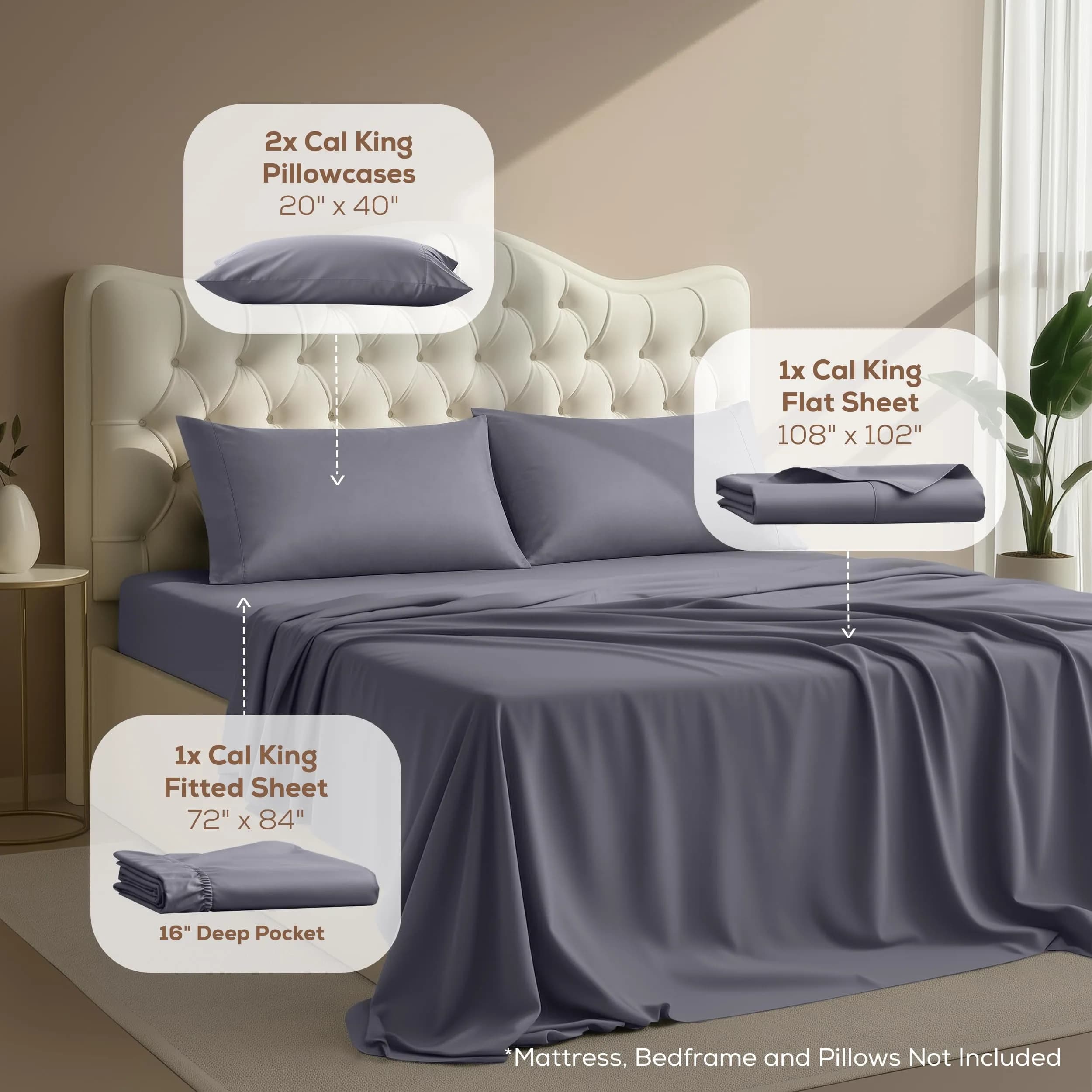 Utopia Bedding California King Sheets Set 4 Pieces 16" Deep Pocket Grey | Soft, Durable & Easy Care thumbnail 2