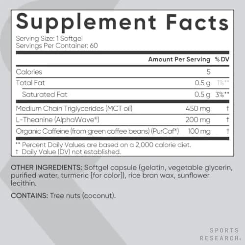 Sports Research L-Theanine + Caffeine Nootropic Supplement 60 Softgels | Natural Energy & Focus Support thumbnail 5