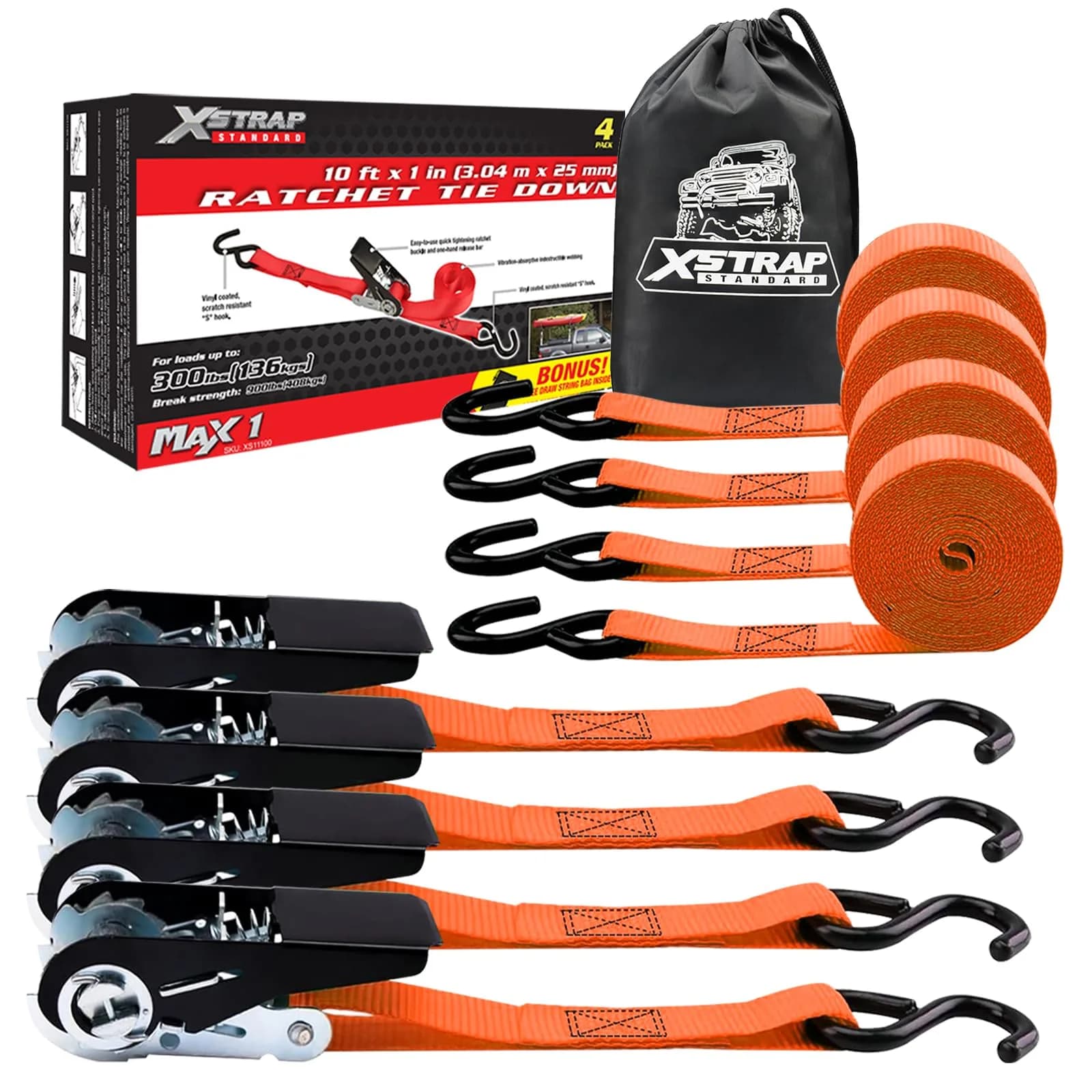 XSTRAP STANDARD 4-PK Ratchet Tie Down Straps, 1" x 10ft, Orange | Heavy Duty Cargo Straps with Alloy S-Hooks