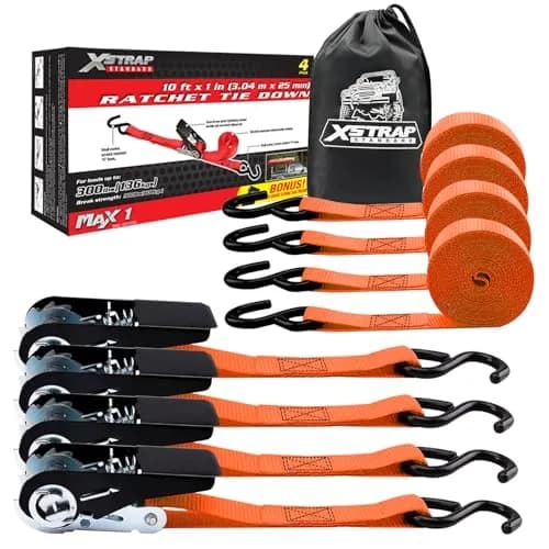 XSTRAP STANDARD 4-PK Ratchet Tie Down Straps, 1" x 10ft, Orange | Heavy Duty Cargo Straps with Alloy S-Hooks thumbnail 1