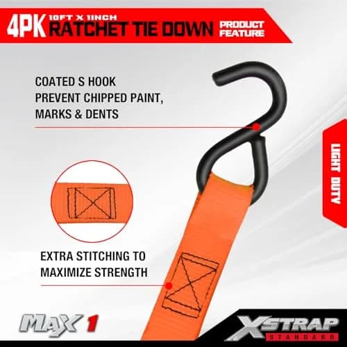 XSTRAP STANDARD 4-PK Ratchet Tie Down Straps, 1" x 10ft, Orange | Heavy Duty Cargo Straps with Alloy S-Hooks thumbnail 5