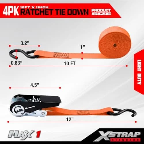 XSTRAP STANDARD 4-PK Ratchet Tie Down Straps, 1" x 10ft, Orange | Heavy Duty Cargo Straps with Alloy S-Hooks thumbnail 3