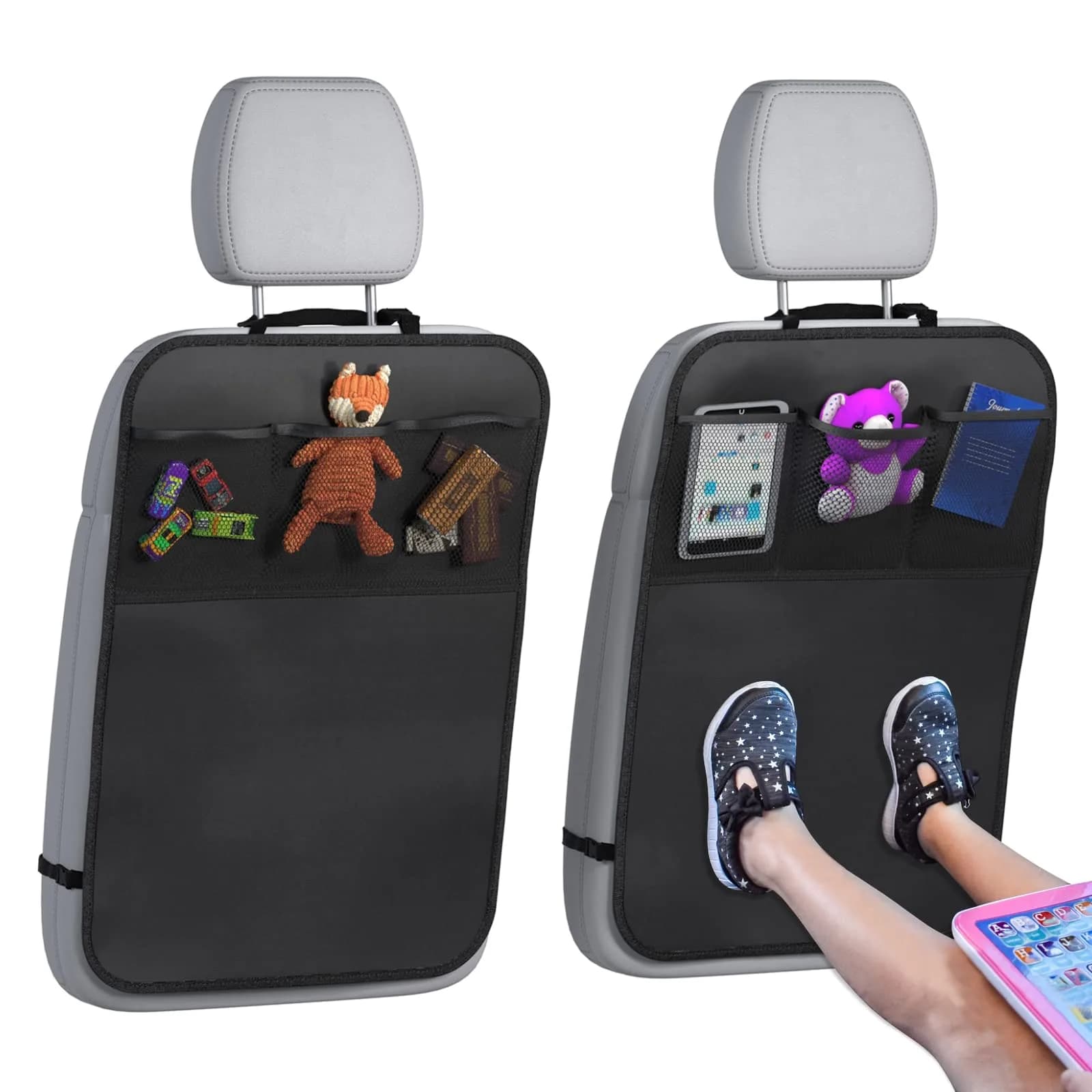 lebogner Back Seat Cover For Kids + 3 Pocket Storage Organizer, 2 Pack Waterproof Kick Mats | Protects Car Interior from Dirt & Mud