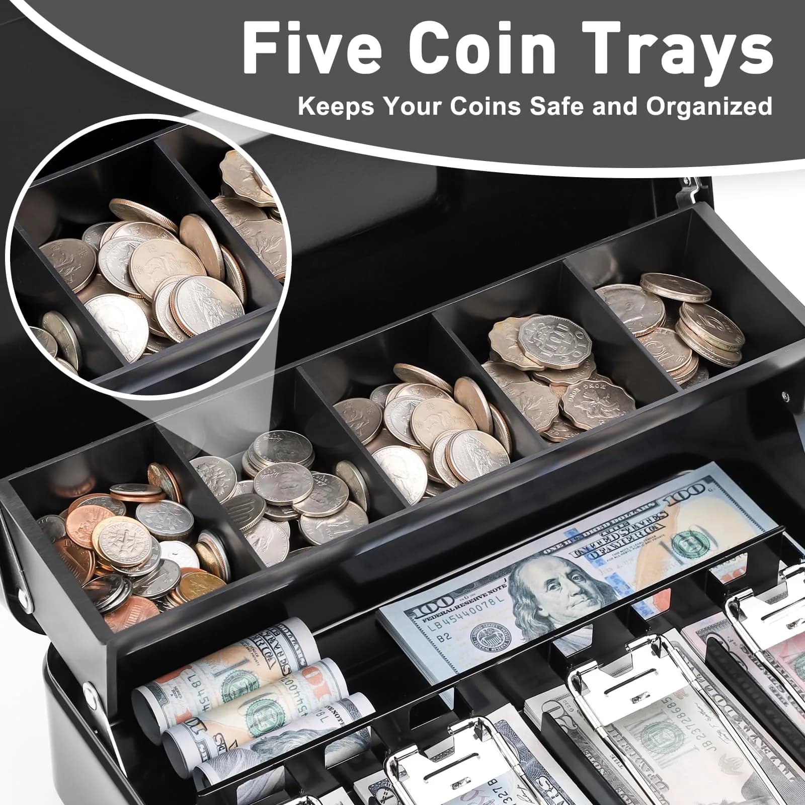 KYODOLED Metal Cash Box with Combination Lock & Spring Clips, 11.8" Black | Secure Storage for Yard Sales & Small Businesses - view 3