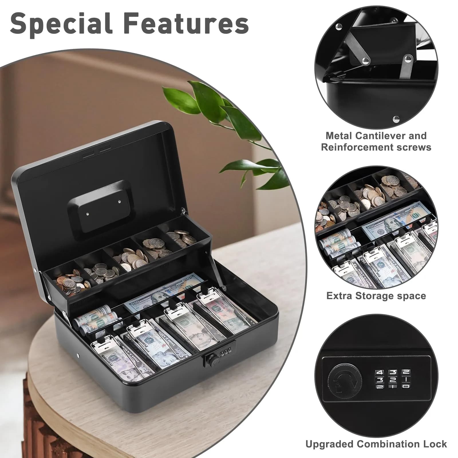 KYODOLED Metal Cash Box with Combination Lock & Spring Clips, 11.8" Black | Secure Storage for Yard Sales & Small Businesses - view 5