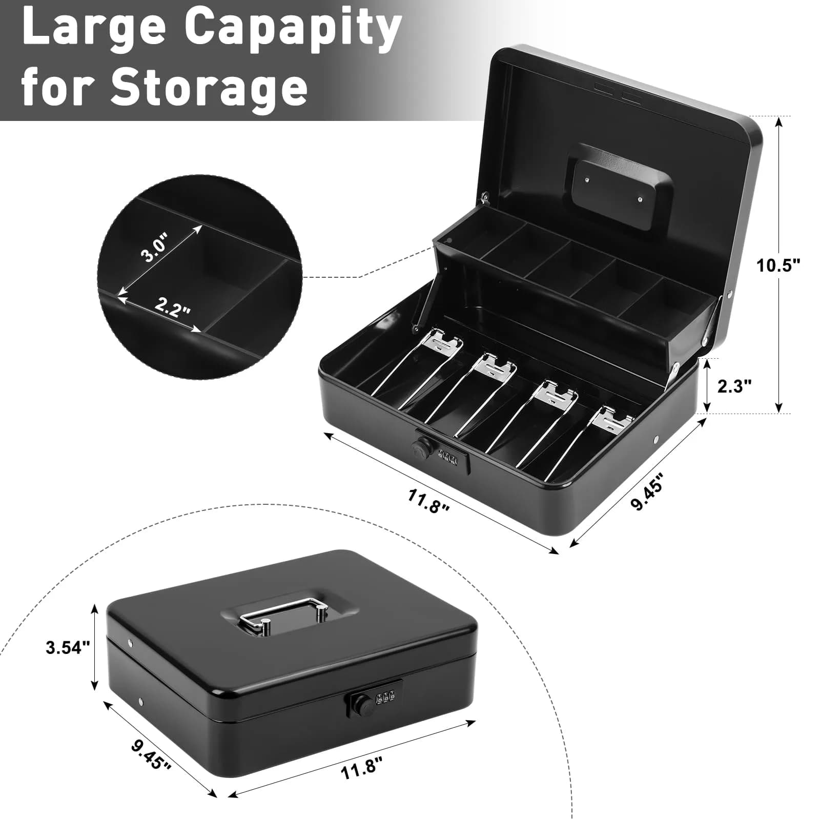 KYODOLED Metal Cash Box with Combination Lock & Spring Clips, 11.8" Black | Secure Storage for Yard Sales & Small Businesses - view 6