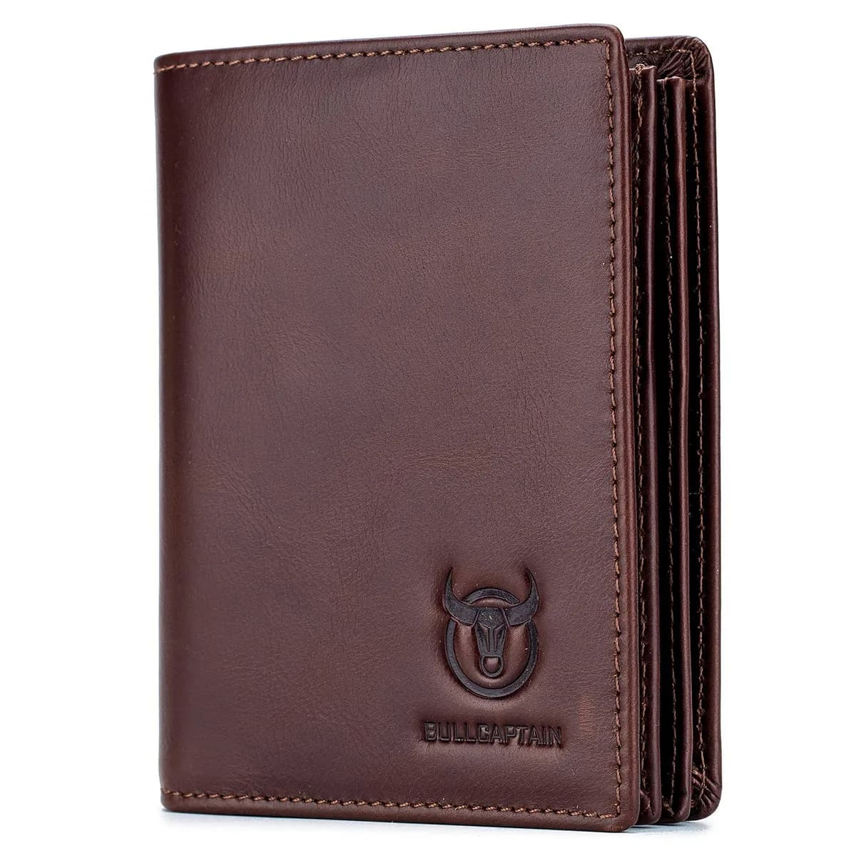 BULLCAPTAIN Genuine Leather Bifold Wallet for Men QB-027 Brown | RFID Blocking Large Capacity 11.9cm x 9.4cm x 2.5cm — Brown
