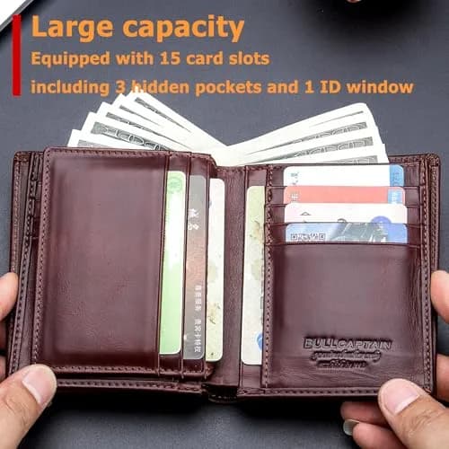 BULLCAPTAIN Genuine Leather Bifold Wallet for Men QB-027 Brown | RFID Blocking Large Capacity 11.9cm x 9.4cm x 2.5cm thumbnail 3