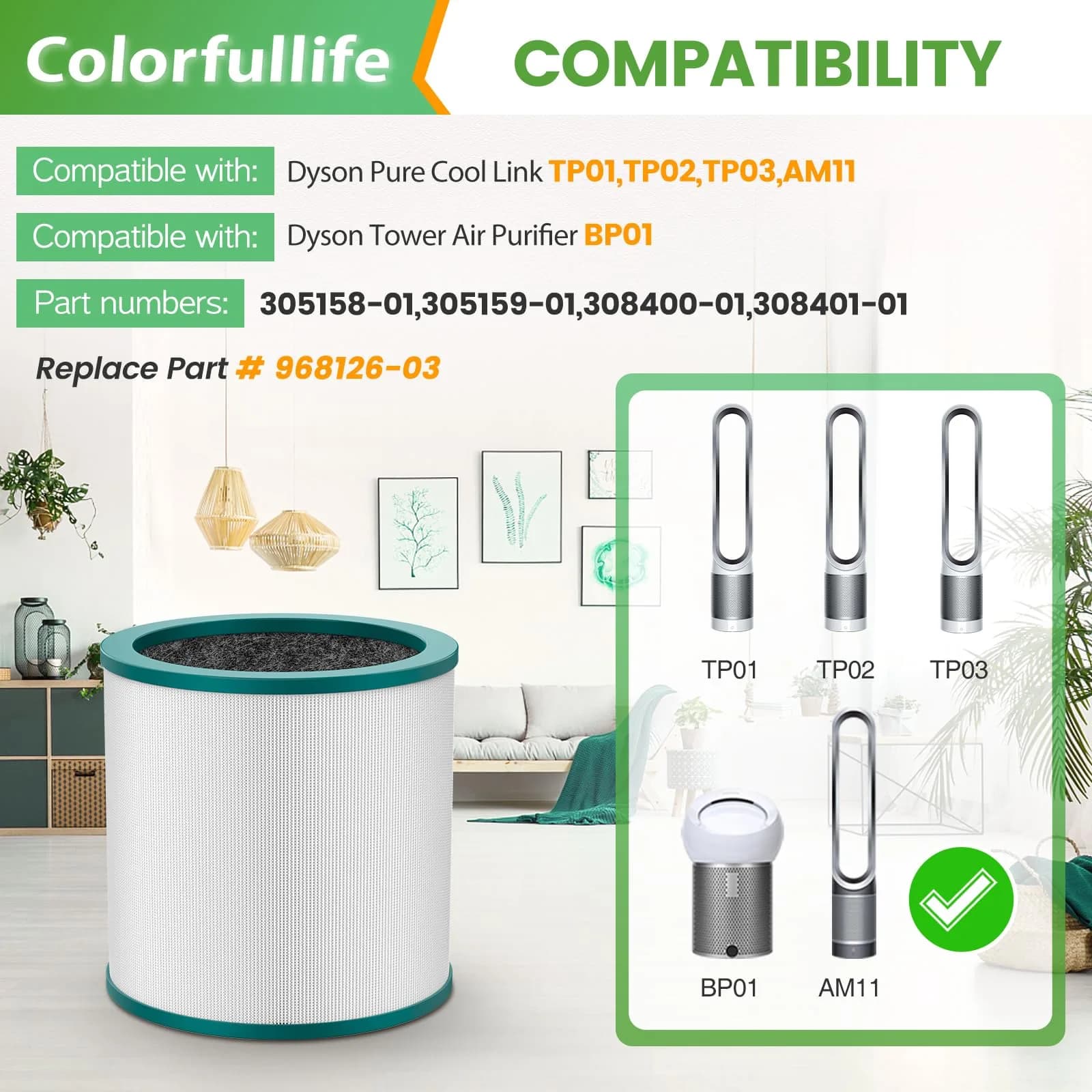 Colorfullife Replacement Air Purifier Filter for Dyson TP01, TP02, TP03, BP01 | 2-Pack True HEPA & Carbon - view 4
