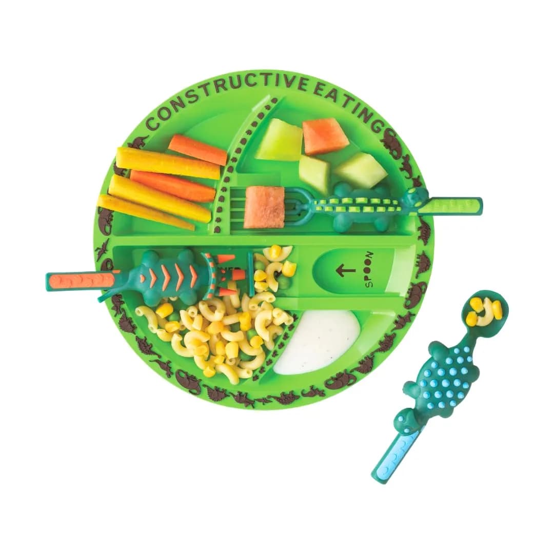 Constructive Eating Dino Toddler Plate and Utensils Set - Green, USA-Made with Divided Plates - view 2