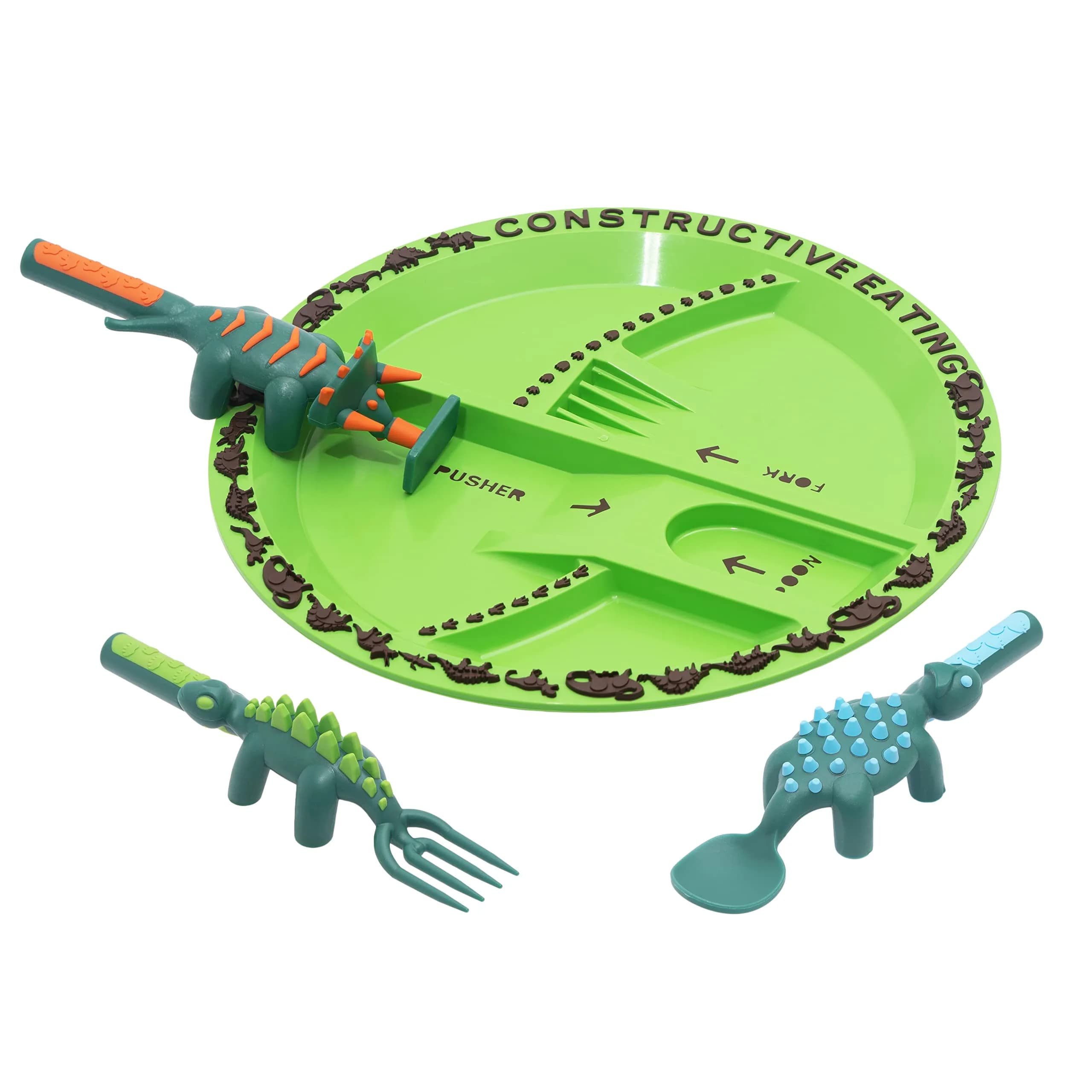 Constructive Eating Toddler Plate and Utensils Set - Green, USA-Made with Divided Plates — Dino