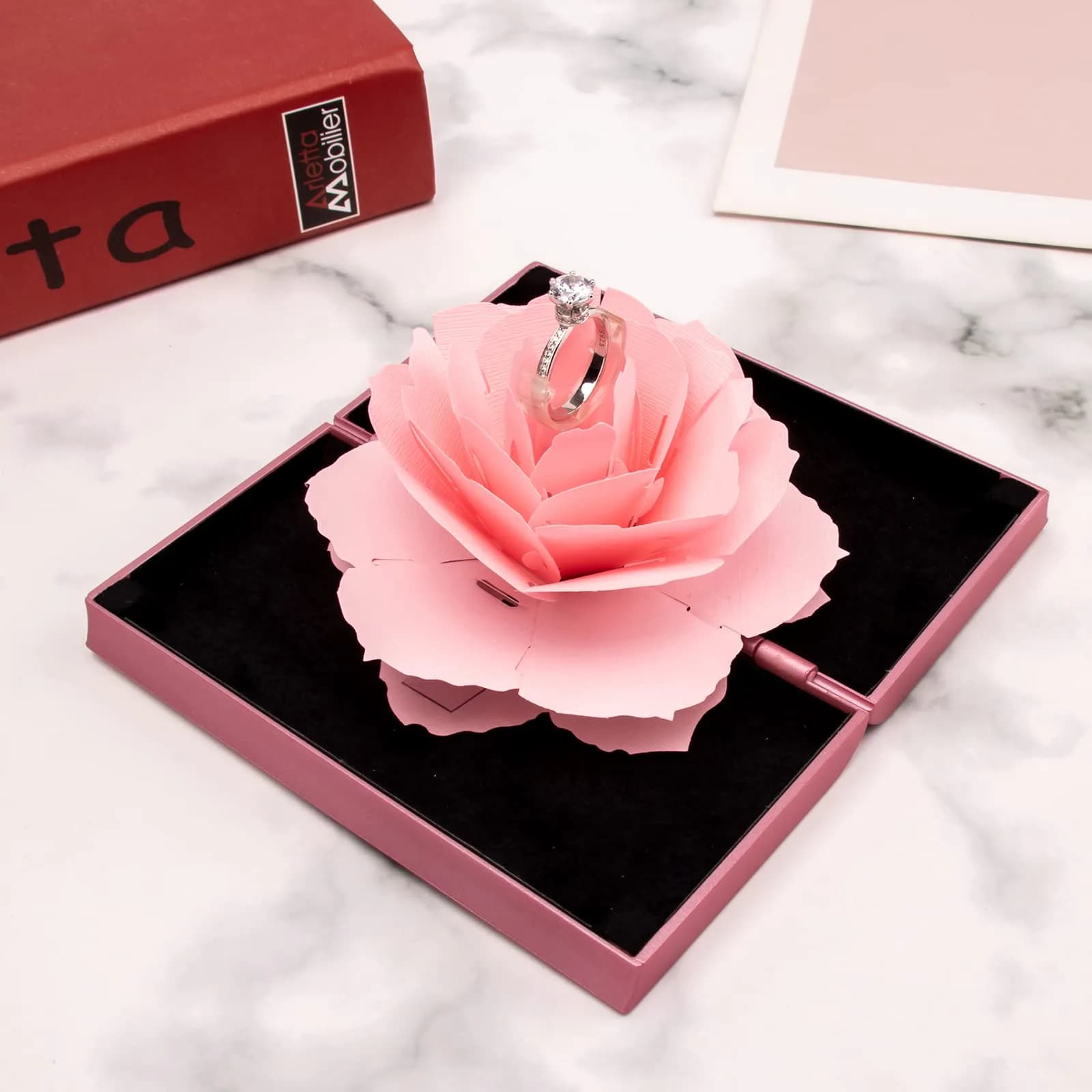 wonuu Pop Up Pink Rose Engagement Ring Box | Surprise Jewelry Storage Holder for Women (Rectangle) - view 2