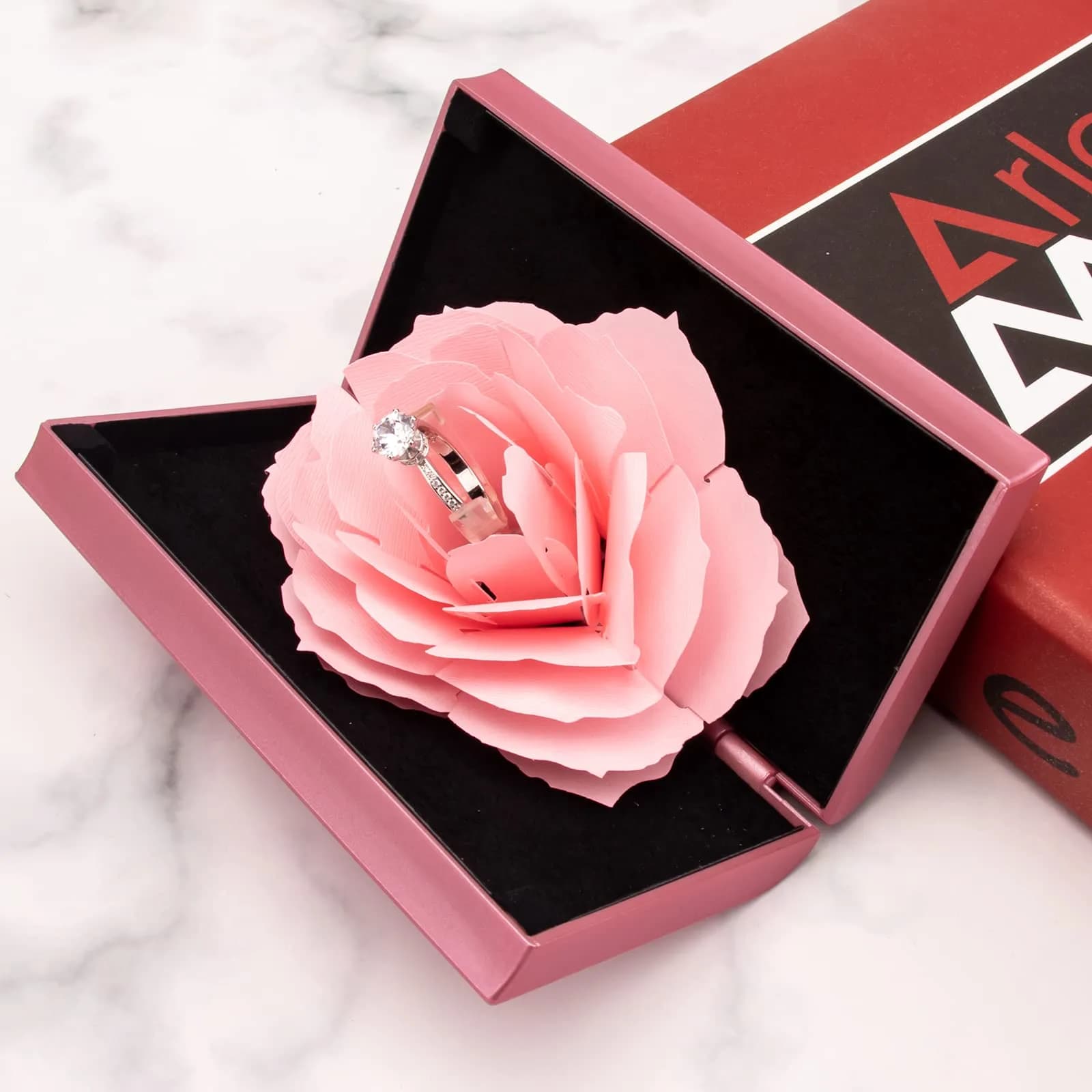 wonuu Pop Up Pink Rose Engagement Ring Box | Surprise Jewelry Storage Holder for Women (Rectangle) - view 4