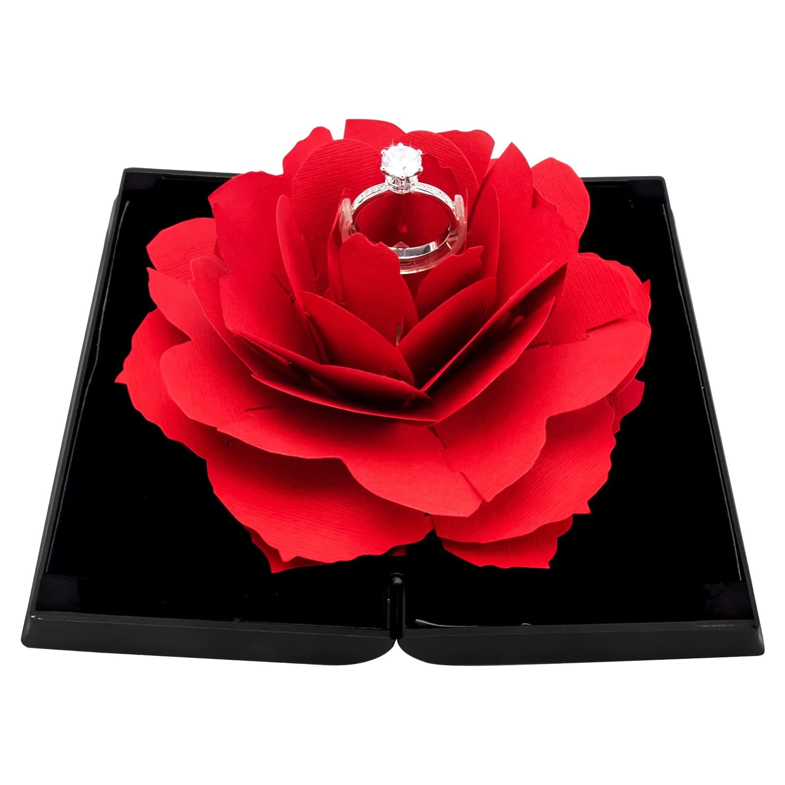 wonuu Pop Up Rose Engagement Ring Box | Black Resin Holder for Proposal, Wedding, Gift (12cm x 6.8cm x 2cm) - main product image