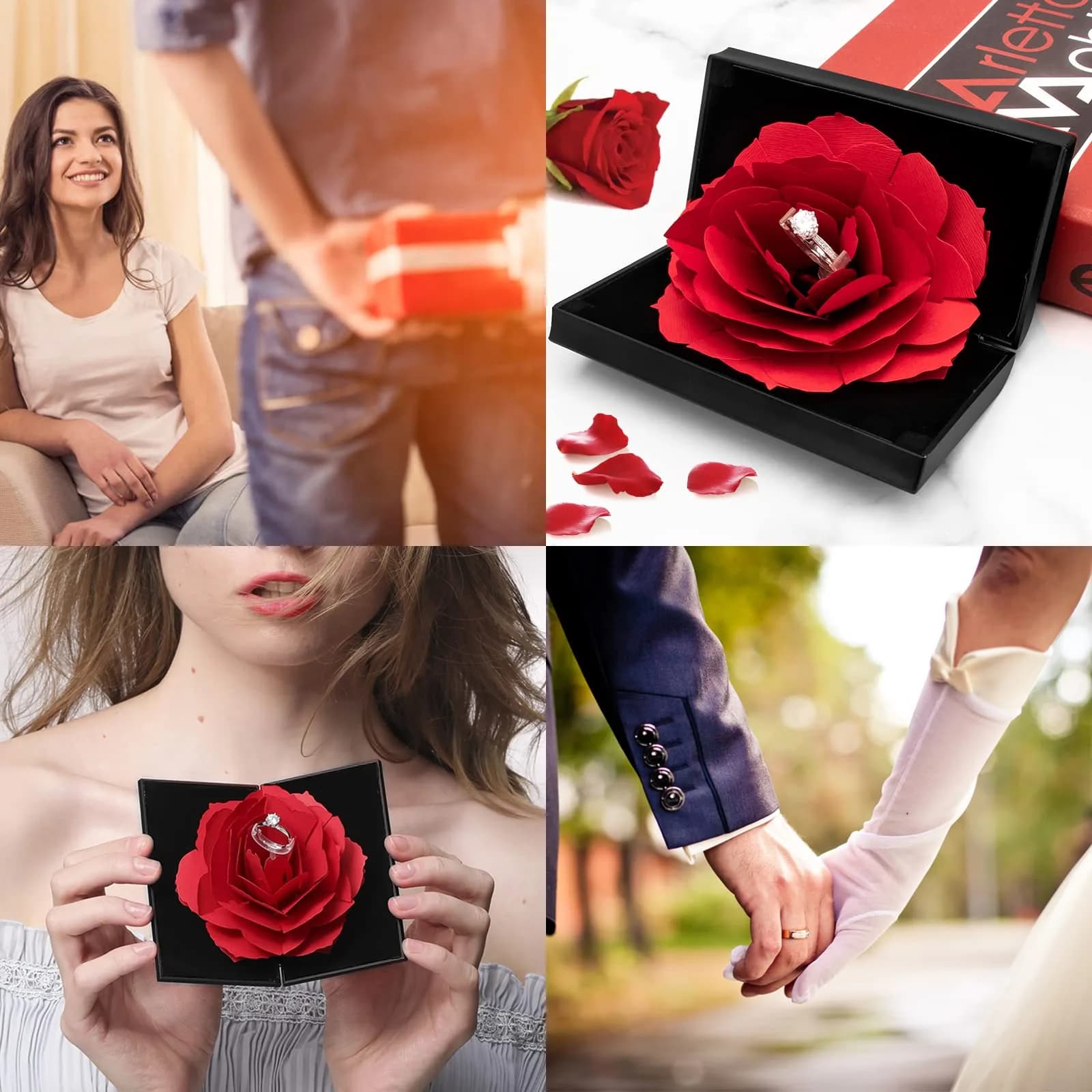 wonuu Pop Up Rose Engagement Ring Box | Black Resin Holder for Proposal, Wedding, Gift (12cm x 6.8cm x 2cm) - view 5