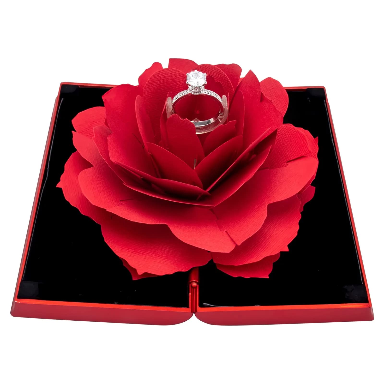 wonuu Pop Up Rose Engagement Ring Box | Surprise Jewelry Storage Holder for Women (Red, 12cm x 6.8cm x 2cm) - main product image
