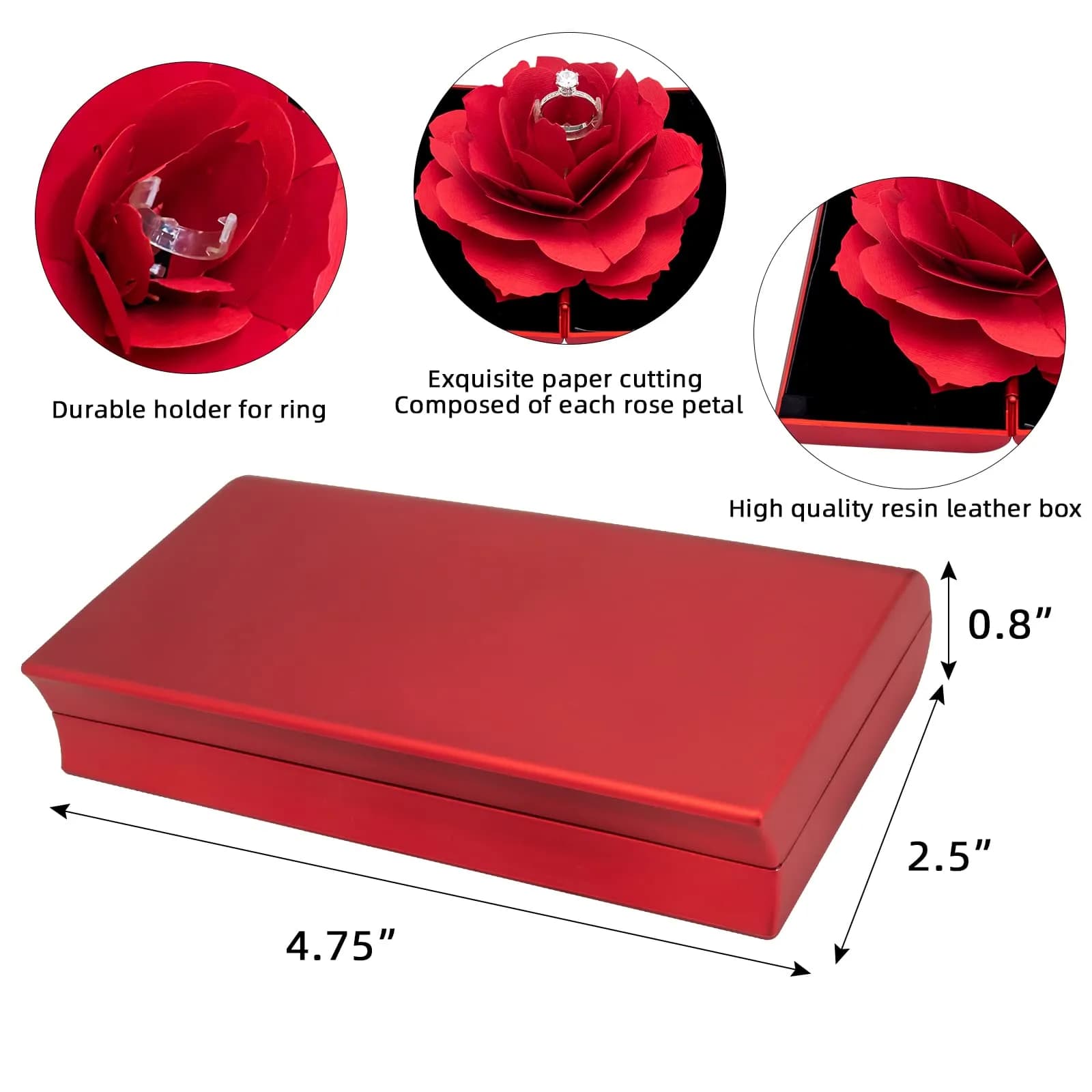 wonuu Pop Up Rose Engagement Ring Box | Surprise Jewelry Storage Holder for Women (Red, 12cm x 6.8cm x 2cm) - view 6