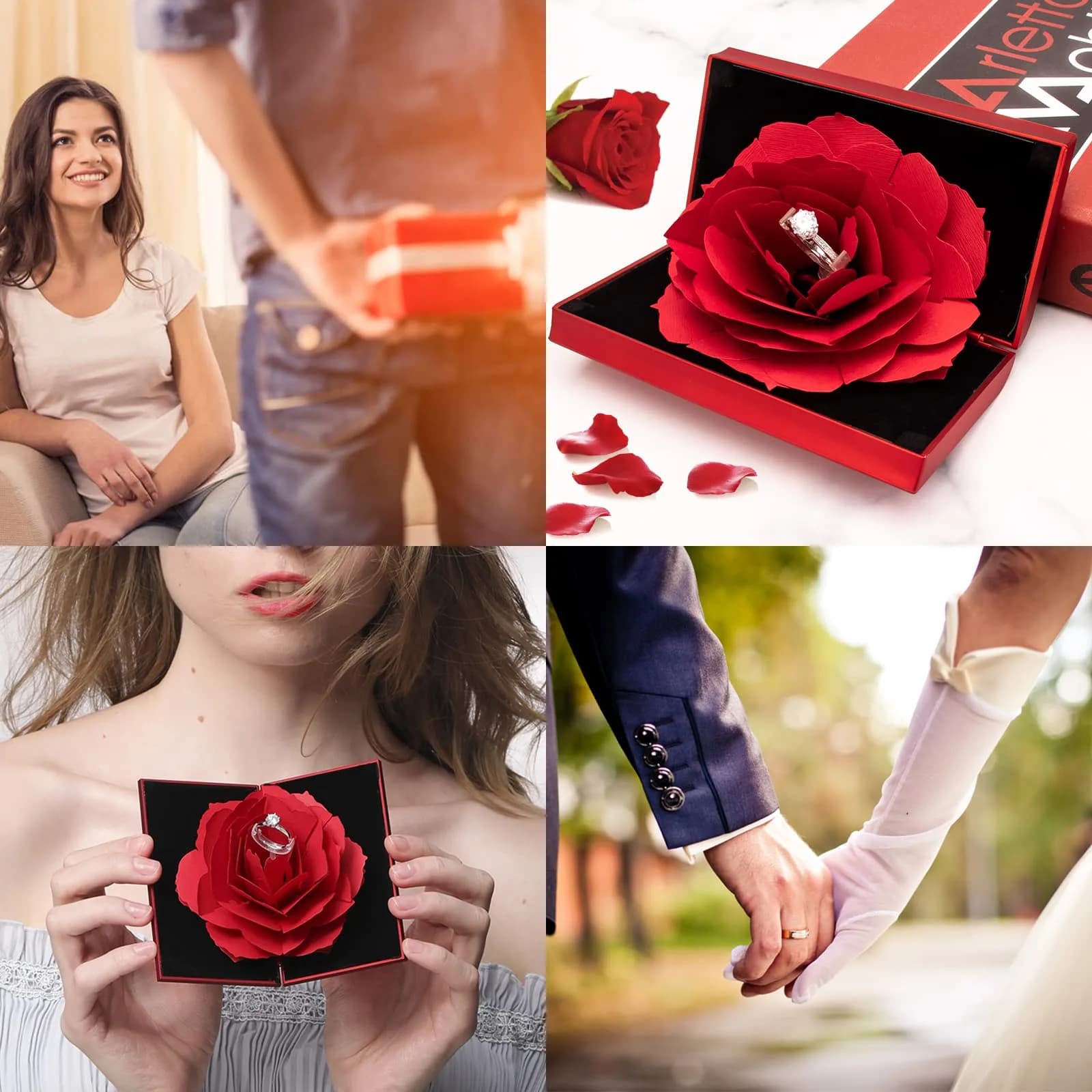wonuu Pop Up Rose Engagement Ring Box | Surprise Jewelry Storage Holder for Women (Red, 12cm x 6.8cm x 2cm) - view 7