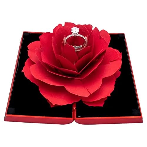 wonuu Pop Up Rose Engagement Ring Box | Surprise Jewelry Storage Holder for Women (Red, 12cm x 6.8cm x 2cm) thumbnail 1