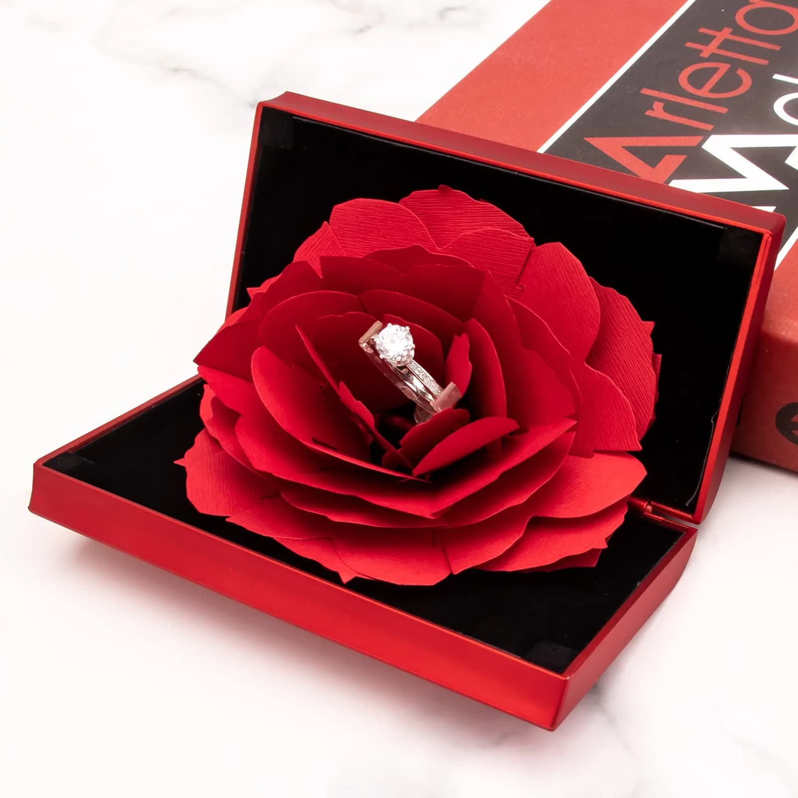 wonuu Pop Up Rose Engagement Ring Box | Surprise Jewelry Storage Holder for Women (Red, 12cm x 6.8cm x 2cm) - view 2