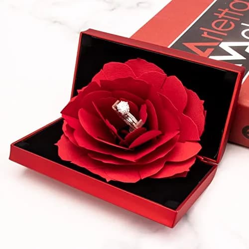 wonuu Pop Up Rose Engagement Ring Box | Surprise Jewelry Storage Holder for Women (Red, 12cm x 6.8cm x 2cm) thumbnail 2