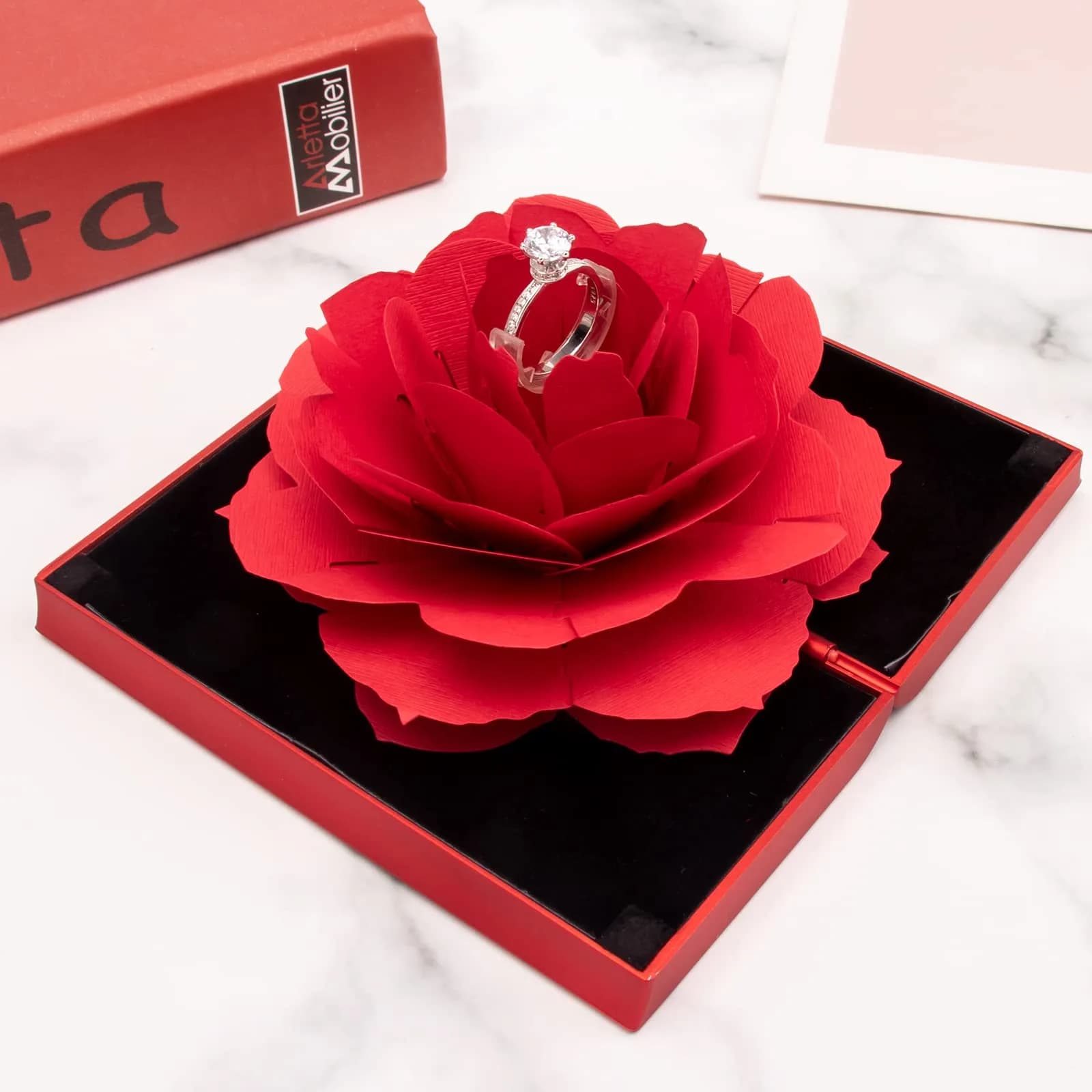 wonuu Pop Up Rose Engagement Ring Box | Surprise Jewelry Storage Holder for Women (Red, 12cm x 6.8cm x 2cm) - view 3