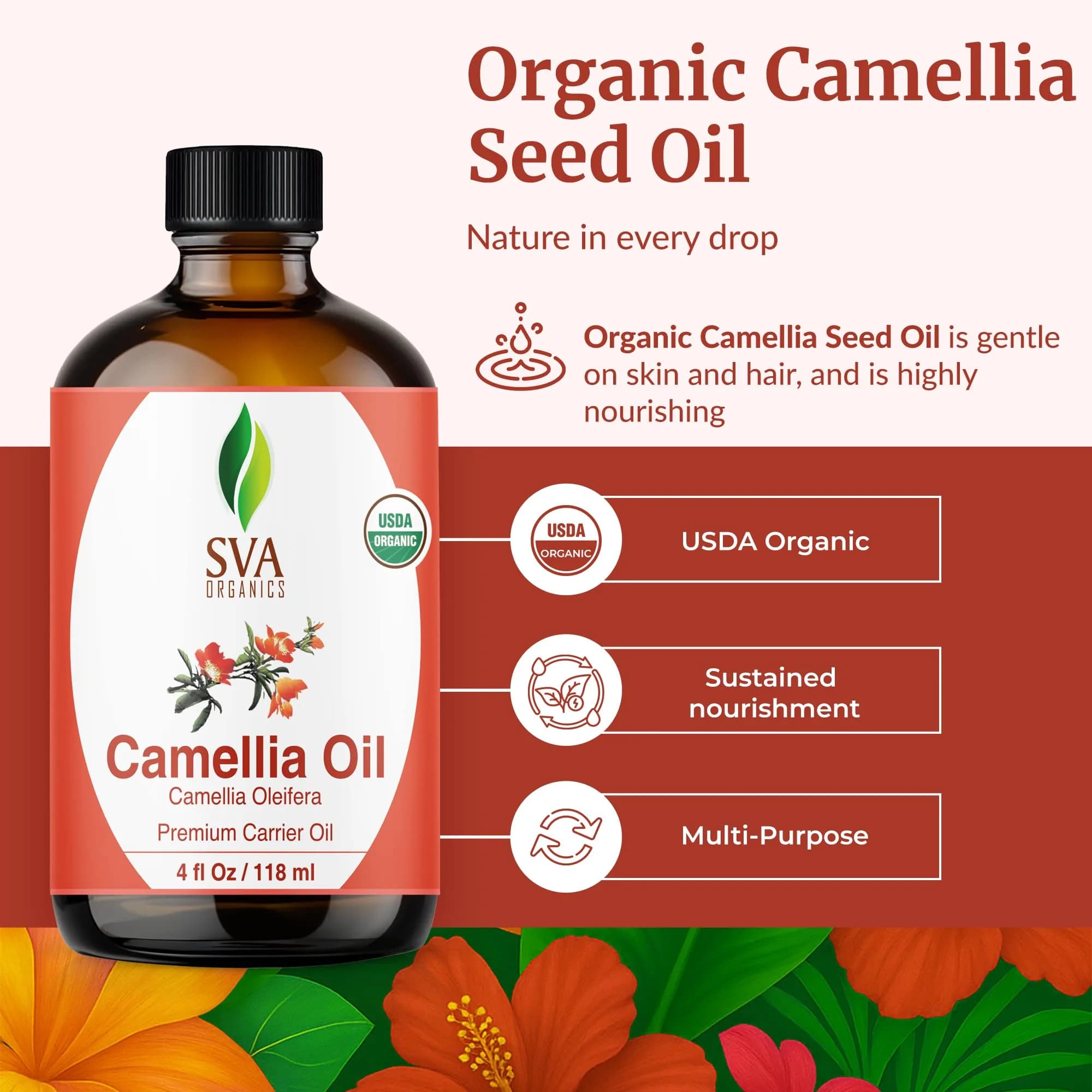 SVA ORGANICS Camellia Seed Carrier Oil 4 Fl Oz (118 mL) - Pure & Natural for Skin & Hair - view 2