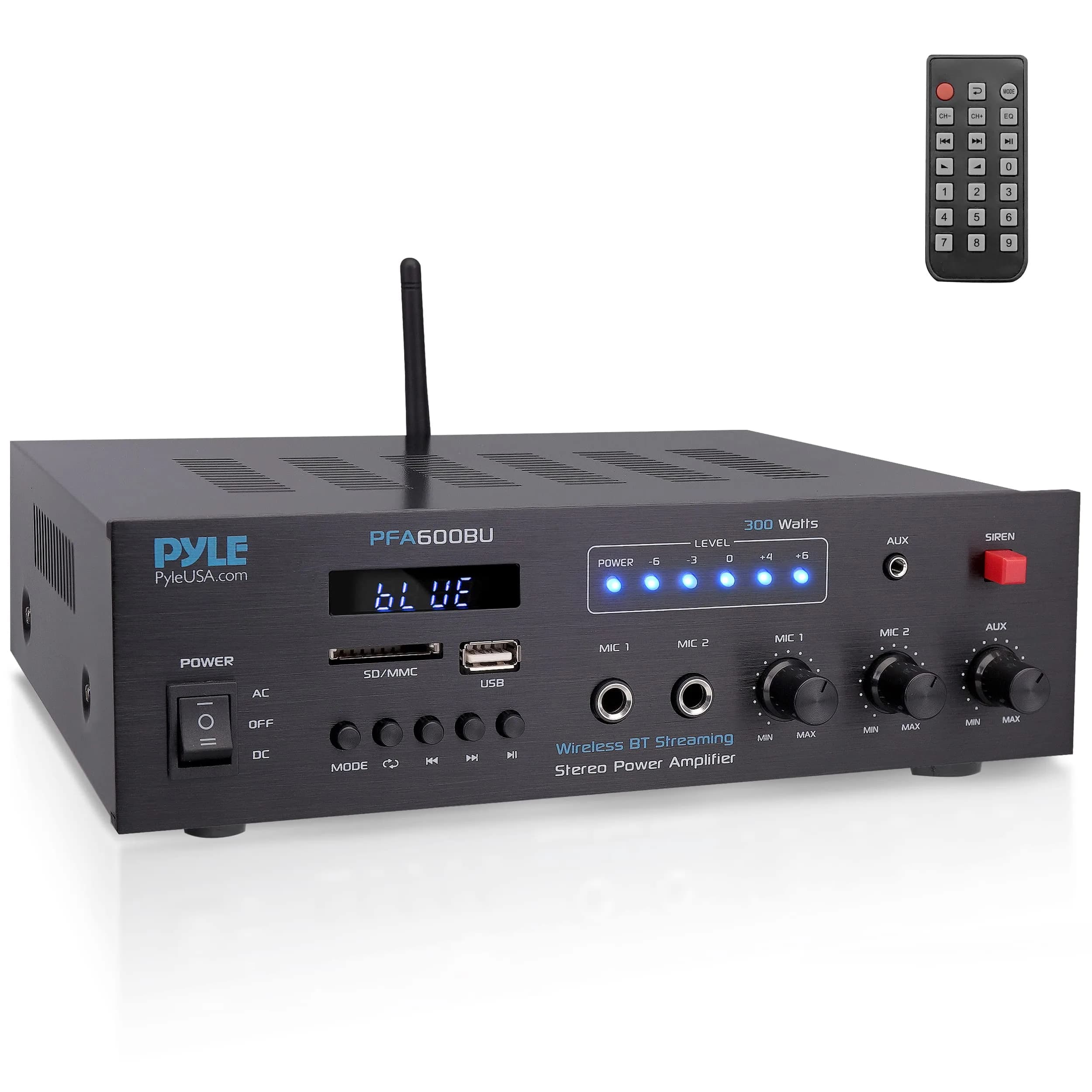 Pyle 300W Bluetooth Karaoke Amplifier - 2-Channel PA System with FM Radio, USB/SD, 2 Mic Inputs, Siren Alarm, 12V Power Option, Remote Control | PFA600BU