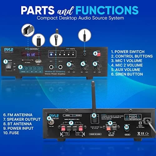 Pyle 300W Bluetooth Karaoke Amplifier - 2-Channel PA System with FM Radio, USB/SD, 2 Mic Inputs, Siren Alarm, 12V Power Option, Remote Control | PFA600BU thumbnail 2