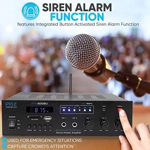 Pyle 300W Bluetooth Karaoke Amplifier - 2-Channel PA System with FM Radio, USB/SD, 2 Mic Inputs, Siren Alarm, 12V Power Option, Remote Control | PFA600BU thumbnail 3
