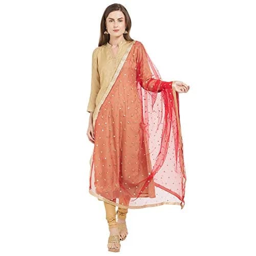 DUPATTA BAZAAR Embellished Red & Gold Net Dupatta 2.4m (8ft) | Party & Festive Wear thumbnail 1