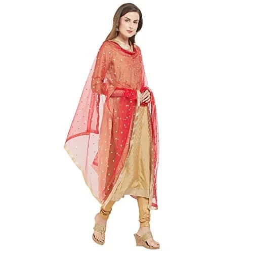 DUPATTA BAZAAR Embellished Red & Gold Net Dupatta 2.4m (8ft) | Party & Festive Wear thumbnail 2