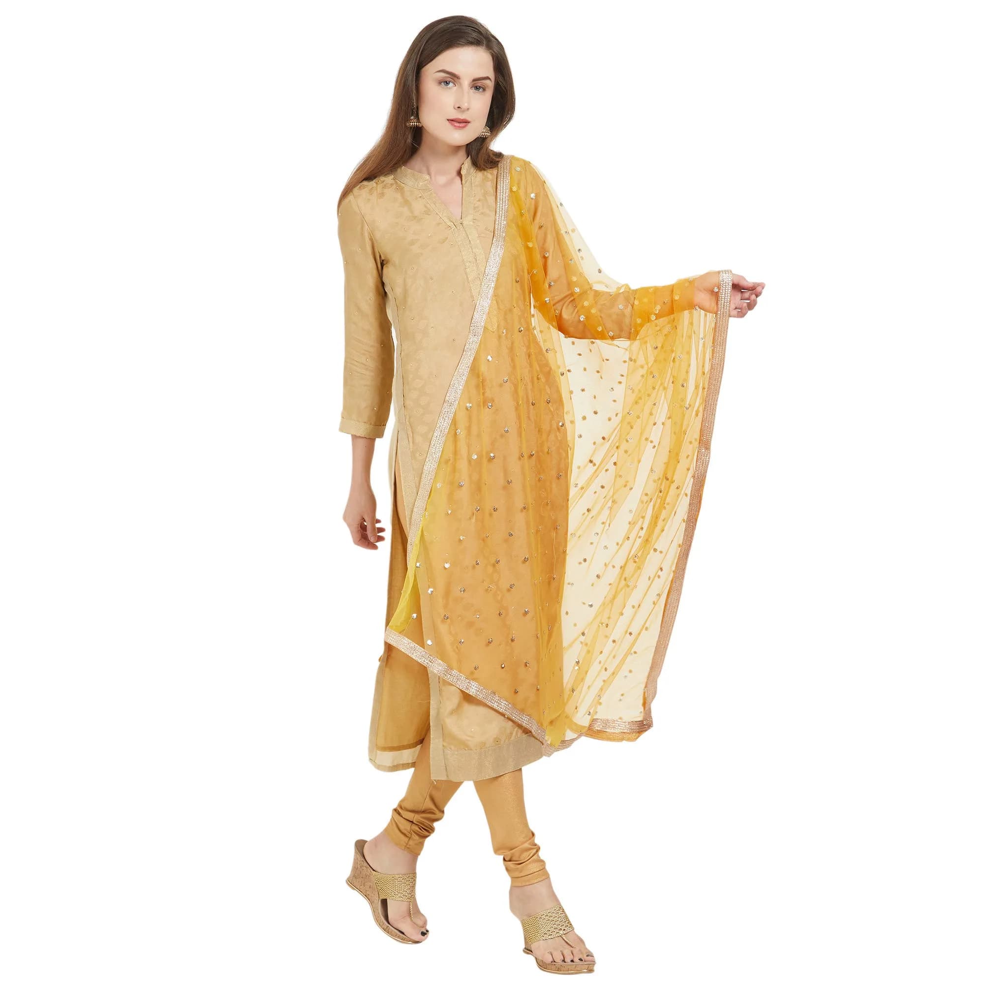DUPATTA BAZAAR Embellished Peach Net Dupatta 2.4m (8.2ft) | Gold Border — Yellow::gold