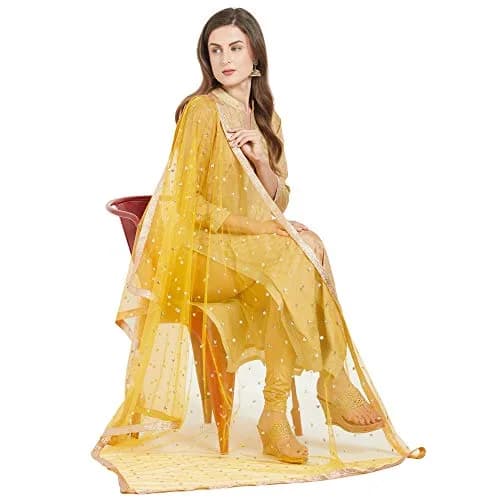 DUPATTA BAZAAR Embellished Yellow & Gold Net Dupatta 240cm (2.4m) | Party & Festive Wear thumbnail 4