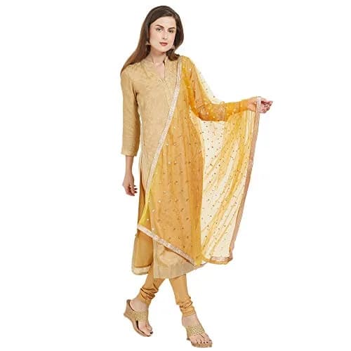 DUPATTA BAZAAR Embellished Yellow & Gold Net Dupatta 240cm (2.4m) | Party & Festive Wear thumbnail 1
