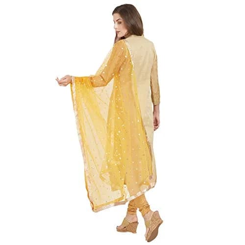 DUPATTA BAZAAR Embellished Yellow & Gold Net Dupatta 240cm (2.4m) | Party & Festive Wear thumbnail 3