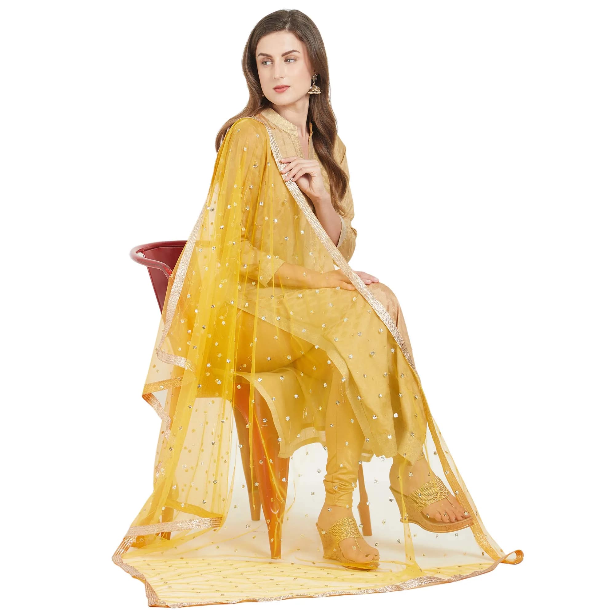 DUPATTA BAZAAR Embellished Yellow & Gold Net Dupatta 240cm (2.4m) | Party & Festive Wear - view 4