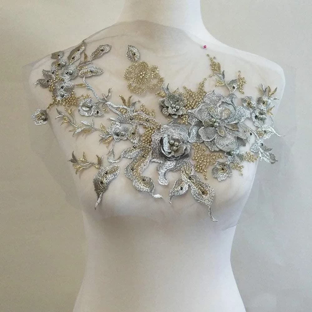 FEEPOP 3D Embroidered Gray Flower Patch 35cm x 28cm | Floral Lace Applique for Wedding Dresses - main product image