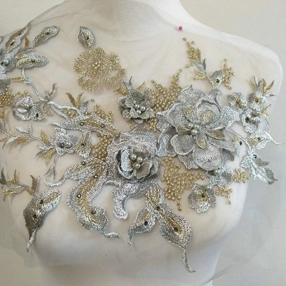 FEEPOP 3D Embroidered Gray Flower Patch 35cm x 28cm | Floral Lace Applique for Wedding Dresses - view 2
