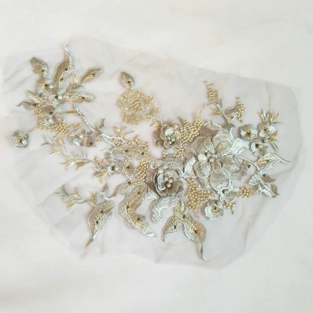FEEPOP 3D Embroidered Gray Flower Patch 35cm x 28cm | Floral Lace Applique for Wedding Dresses - view 3