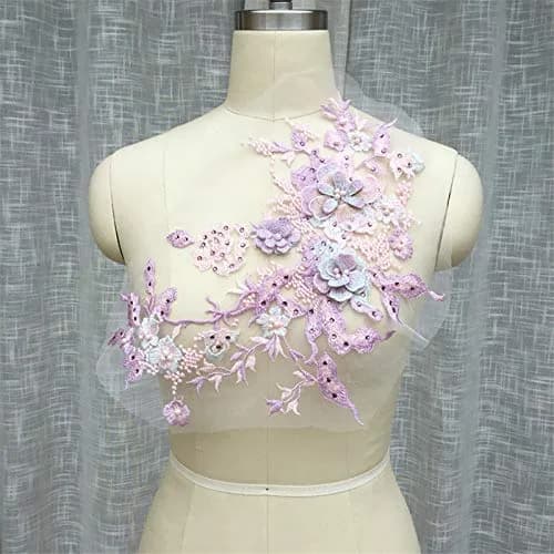 FEEPOP Lilac 3D Embroidered Flower Patch with Nail Beads & Tulle Lace Applique for Wedding Dresses - main product image