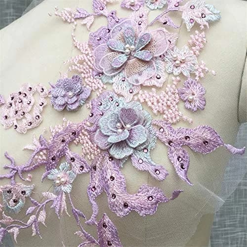 FEEPOP Lilac 3D Embroidered Flower Patch with Nail Beads & Tulle Lace Applique for Wedding Dresses - view 2